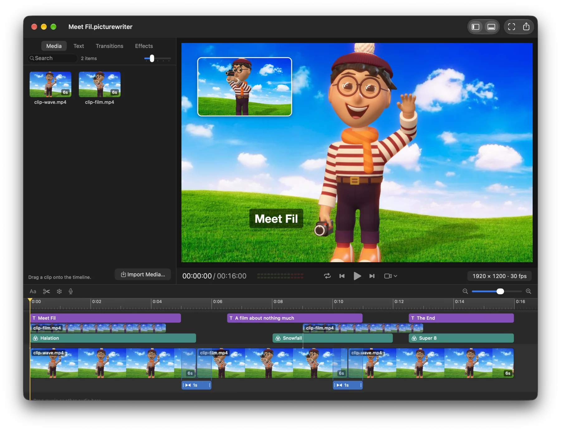 The PictureWriter window: media browser, viewer and timeline